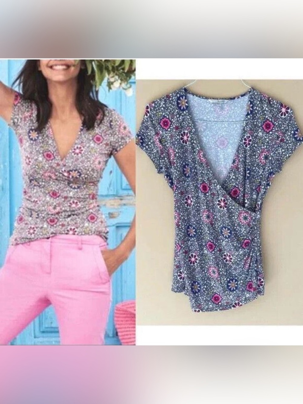 Women’s Floral Wrap-Style Top - Gray with Pink Blue Flowers ptp 19-22 length 27